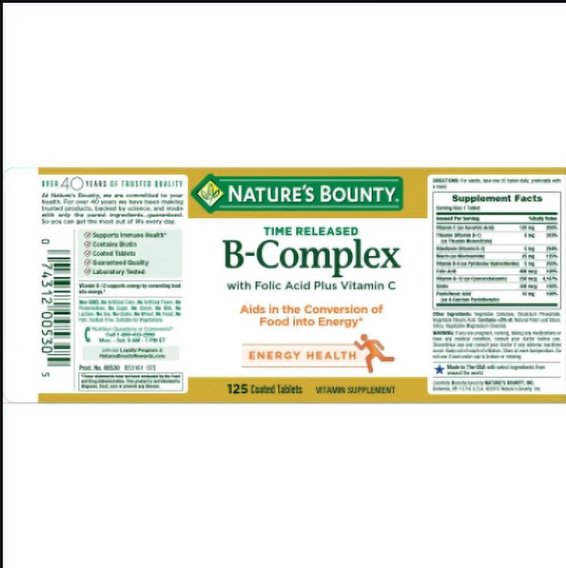 Nature's Bounty B-Complex with Folic Acid Plus Vitamin C Tablets, 125 Count (Pack of 2) A158