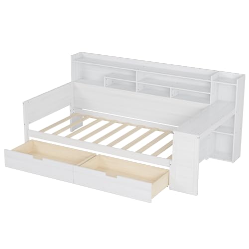 Bellemave Twin Corner Bed Frame with Storage Shelves and Desk, Gray L74206