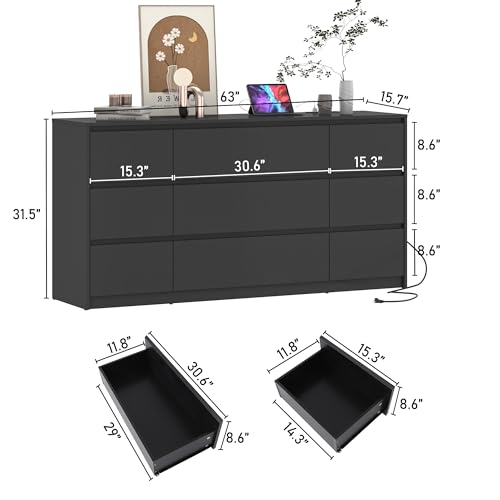 White Dresser for Bedroom, 9 Drawer with Charging Station, 63 Inch Wood Chest F765