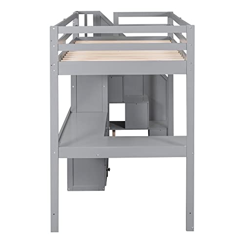 Harper & Bright Designs Twin Size Loft Bed with L-Shaped Desk and Stairs, Solid Wood, White D768