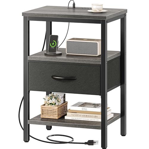 SUPERJARE Nightstand with Charging Station, Fabric Drawer, 3-Tier Storage, Walnut K366263