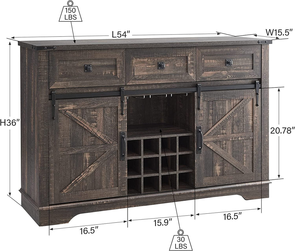 OKD Farmhouse Coffee Bar Cabinet Sideboard with Wine Rack, Dark Rustic Oak F1730