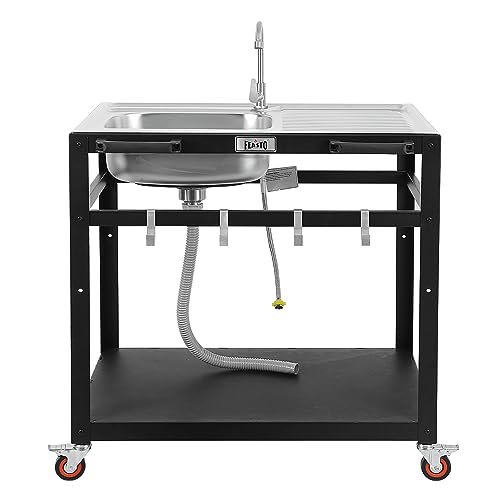 35” Outdoor Grill Cart with Sink, Outdoor Kitchen Sink Station with Hose Hook Up, Free Standing Sink with Wheels, 304 Stainless Steel Sink with Single Bowl, Outdoor Utility Sink with Faucet