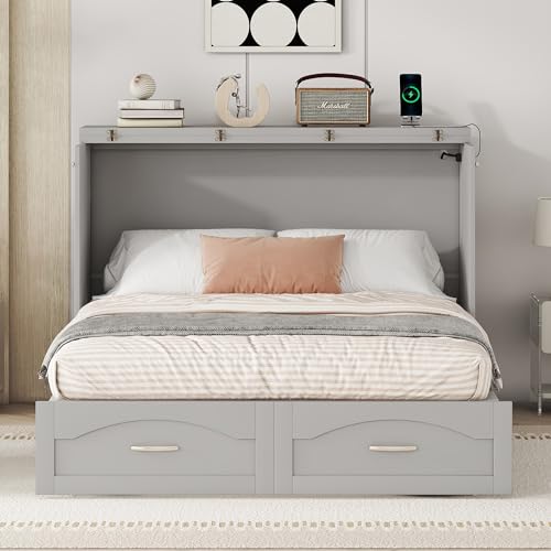 Queen Size Murphy Bed Wall Bed with Storage and Bookcase Headboard, Solid Wood, White H58166