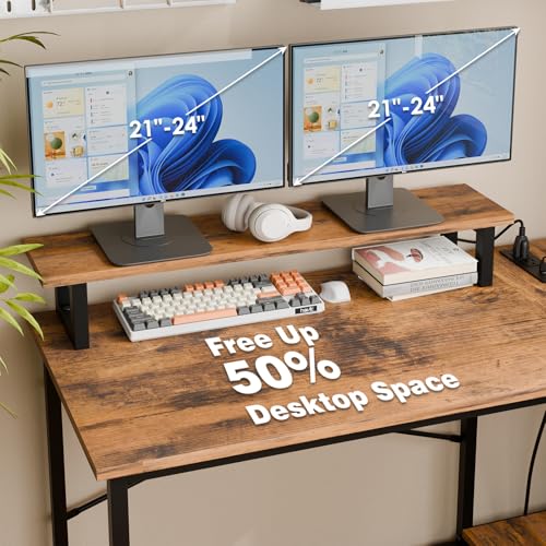 Fixwal L Shaped Gaming Desk with Power Outlets and LED Lights, Rustic Brown J2138