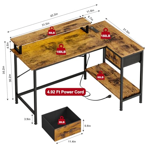 Fixwal L Shaped Gaming Desk with Power Outlets and LED Lights, Rustic Brown J2138