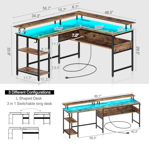 Rolanstar Computer Desk 56.7" with LED Lights and Power Outlets, Carbon Fiber Surface K1543