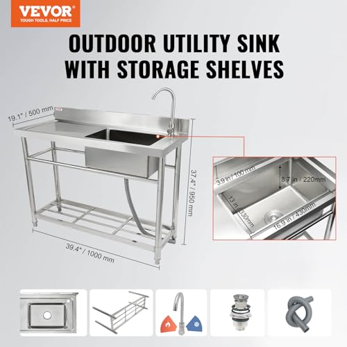 VEVOR Stainless Steel Utility Sink with Workbench Faucet and Legs, 39.4 x 19.1 x 37.4 in L559