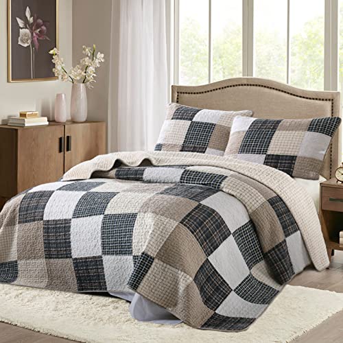Quilt Queen 100% Cotton Queen Quilt Bedding Set, Grey Patchwork Plaid, 3 Pieces C440600