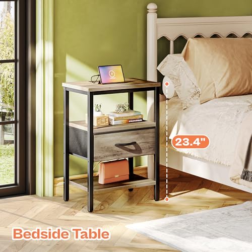 SUPERJARE Nightstand with Charging Station, Fabric Drawer, 3-Tier Storage, Walnut K366263