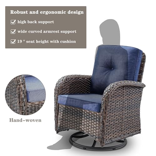 Outdoor Wicker Swivel Rocker Chairs Set of 2 with Rattan Side Table, Brown/Blue B592