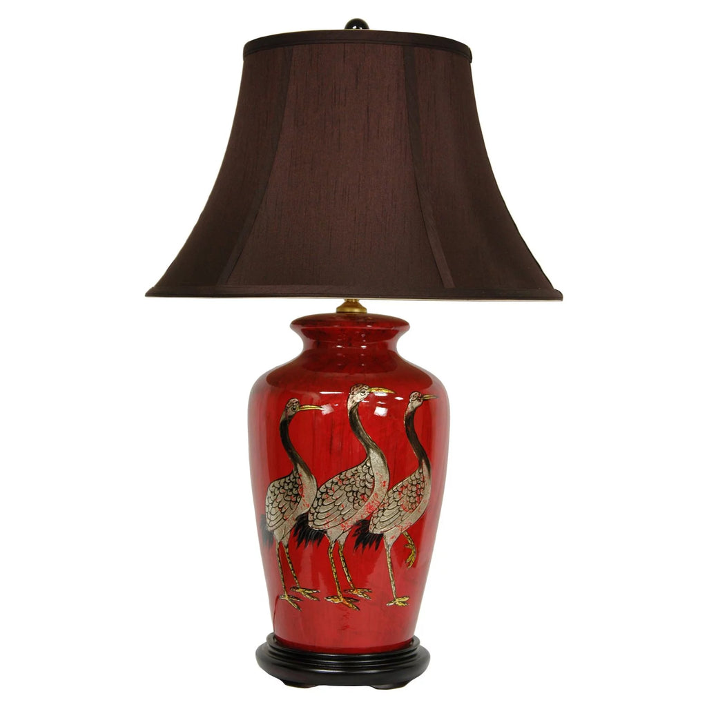 Oriental Furniture 26" Red Crowned Cranes Vase Lamp, decorative item