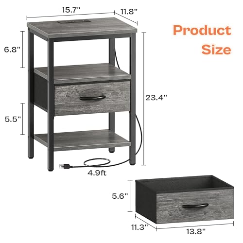 SUPERJARE Nightstand with Charging Station, Fabric Drawer, 3-Tier Storage, Walnut K366263