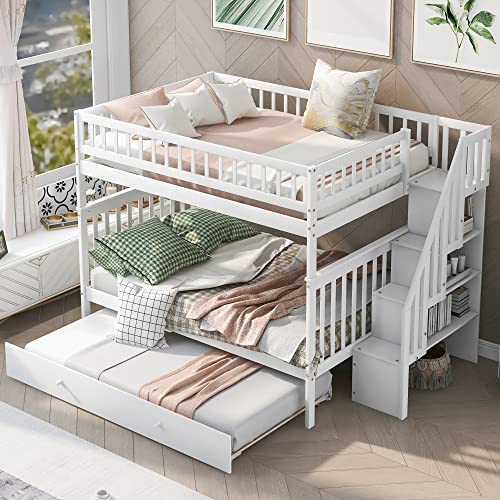 Harper & Bright Designs Twin Size Loft Bed with L-Shaped Desk and Stairs, Solid Wood, White D768