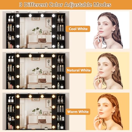 White Vanity Desk with Mirror and Lights, Glass Top, 3 Drawers V863482