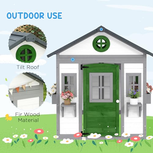 Outsunny Wooden Kids Playhouse with Doors and Windows for Toddlers 3-8 Years, Beige Q471
