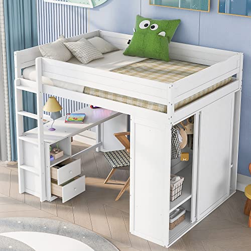 Full Size Solid Wood Loft Bed with Wardrobes, Desk and Storage Cabinet, White J33469