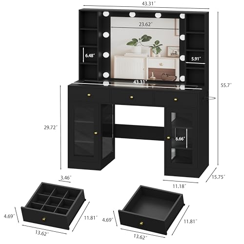 White Vanity Desk with Mirror and Lights, Glass Top, 3 Drawers V863482