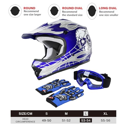 SLMOTO Dot Youth Kids Motocross Offroad Helmet with Goggles and Gloves Blue Skull D851858