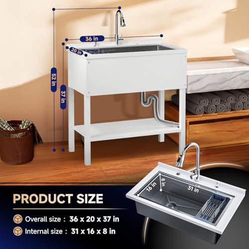 Stainless Steel Utility Sink 36" Freestanding with Pull Out Faucet, Black Y959806