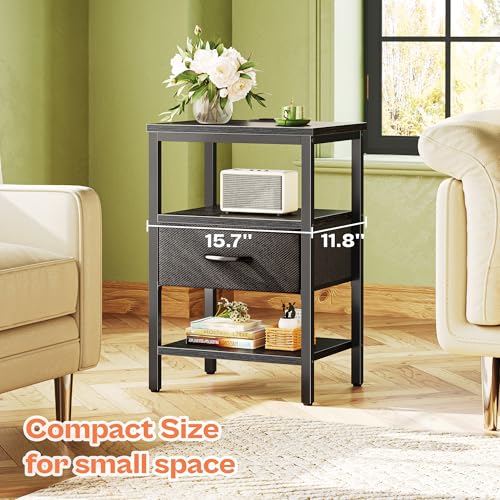 SUPERJARE Nightstand with Charging Station, Fabric Drawer, 3-Tier Storage, Walnut K366263