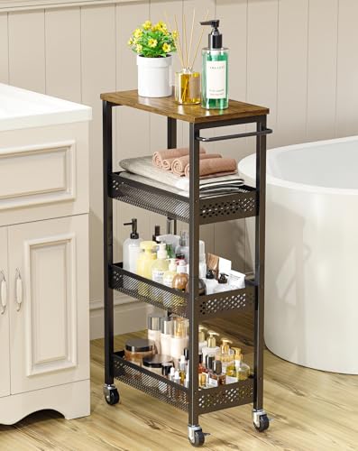 Utility Slim Storage Cart 4-Tier Rolling Cart with Wood Top A517006