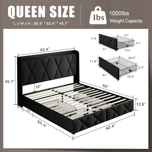 Queen Bed Frame with 4 Storage Drawers and Charging Station, Black S804993