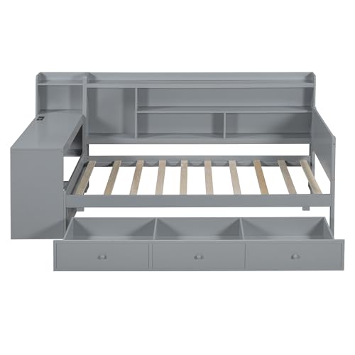 Bellemave Twin Corner Bed Frame with Storage Shelves and Desk, Gray L74206