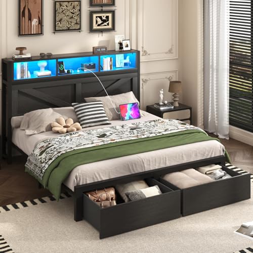 Farmhouse Full Bed Frame with Bookcase Headboard, Charging Station, Brown K11127