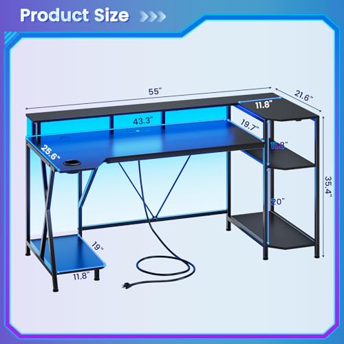 SEDETA Gaming Desk 70.8'' with LED Lights and Storage Shelves, Black Y2845