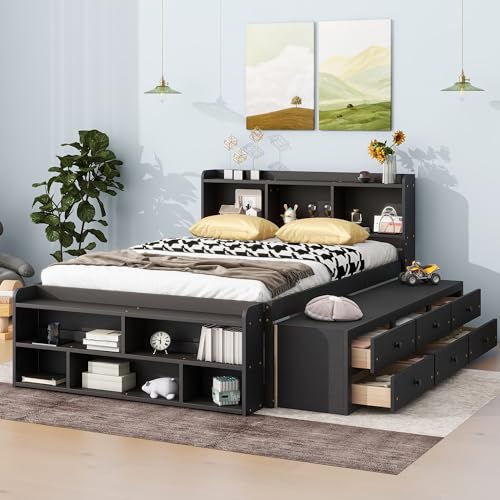 SOFTSEA Full Size Platform Bed with Storage Drawers and Bookcase Headboard, White V613109