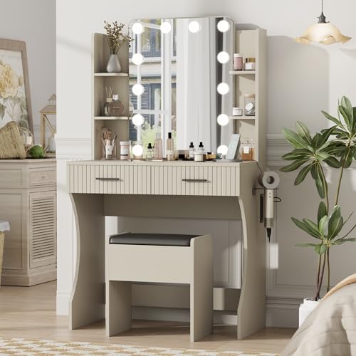 White Vanity Desk with LED Mirror and Storage Stool D5834