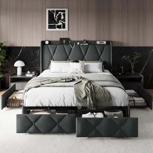 Queen Bed Frame with 4 Storage Drawers and Charging Station, Black S804993