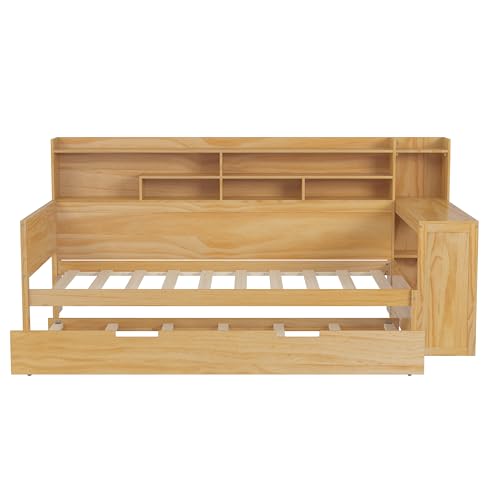 Bellemave Twin Corner Bed Frame with Storage Shelves and Desk, Gray L74206