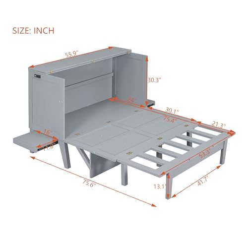 Queen Size Solid Pine Murphy Bed Chest with Charging Station and Storage Drawer K498
