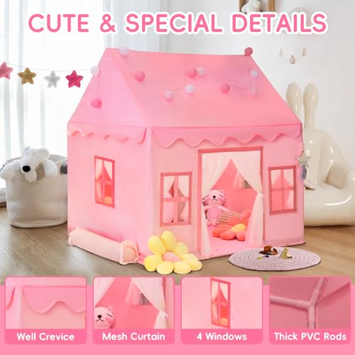Kids Tent Playhouse with Star Lights, Flags and Tote Bags, Washable Teepee for Boys & Girls V1120