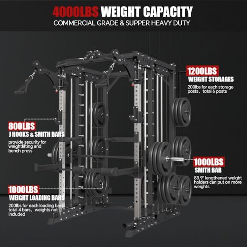 Commercial Smith Machine with Smith Bar, Power Cage Squat Rack with Lever Arm, Leg Press, LAT Pull Down System U34080