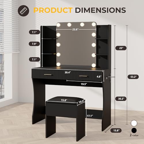 White Vanity Desk with LED Mirror and Storage Stool D5834