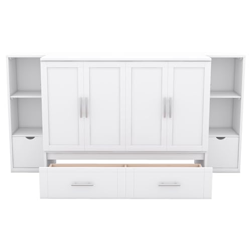 Ball & Cast Queen Size Solid Pine Murphy Bed with Charging Station, White + Walnut P2075