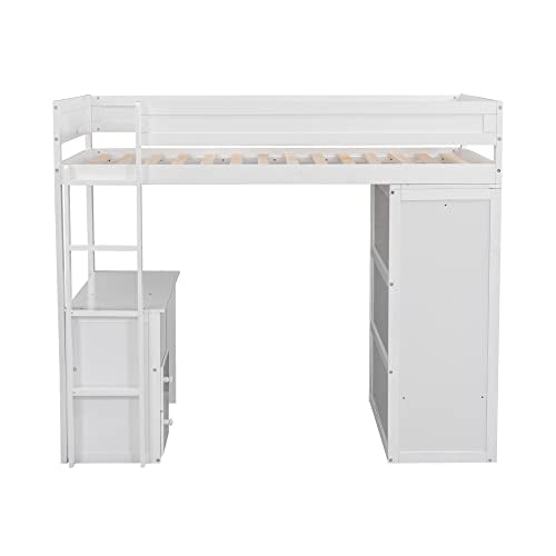 Full Size Loft Bed with Storage Wardrobe and Desk for Kids Teens Adults White K66587