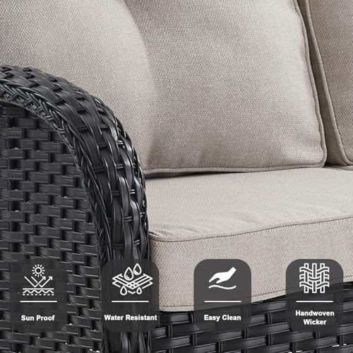 Outdoor Wicker Swivel Rocker Chairs Set of 2 with Rattan Side Table, Brown/Blue B592