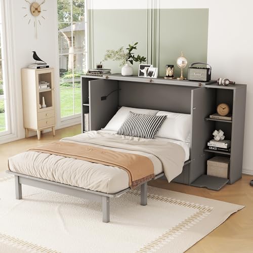 Ball & Cast Queen Size Solid Pine Murphy Bed with Charging Station, White + Walnut P2075