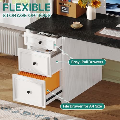 YITAHOME Executive Desk with Hutch, Drawers, Power Outlet & LED Lights, White & Black Z850393