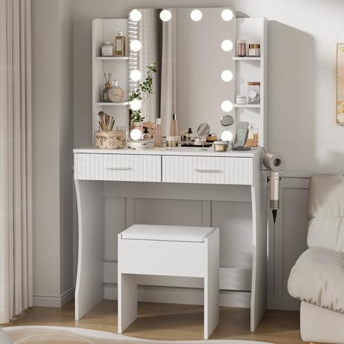 White Vanity Desk with LED Mirror and Storage Stool D5834