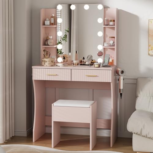White Vanity Desk with LED Mirror and Storage Stool D5834