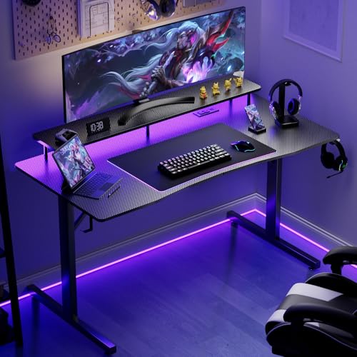GTRACING 55 Inch Gaming Desk with LED Lights and Monitor Stand I9402
