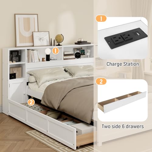 SOFTSEA Twin Size Captains Bed with 6 Storage Drawers and Bookcase Headboard, White H51434