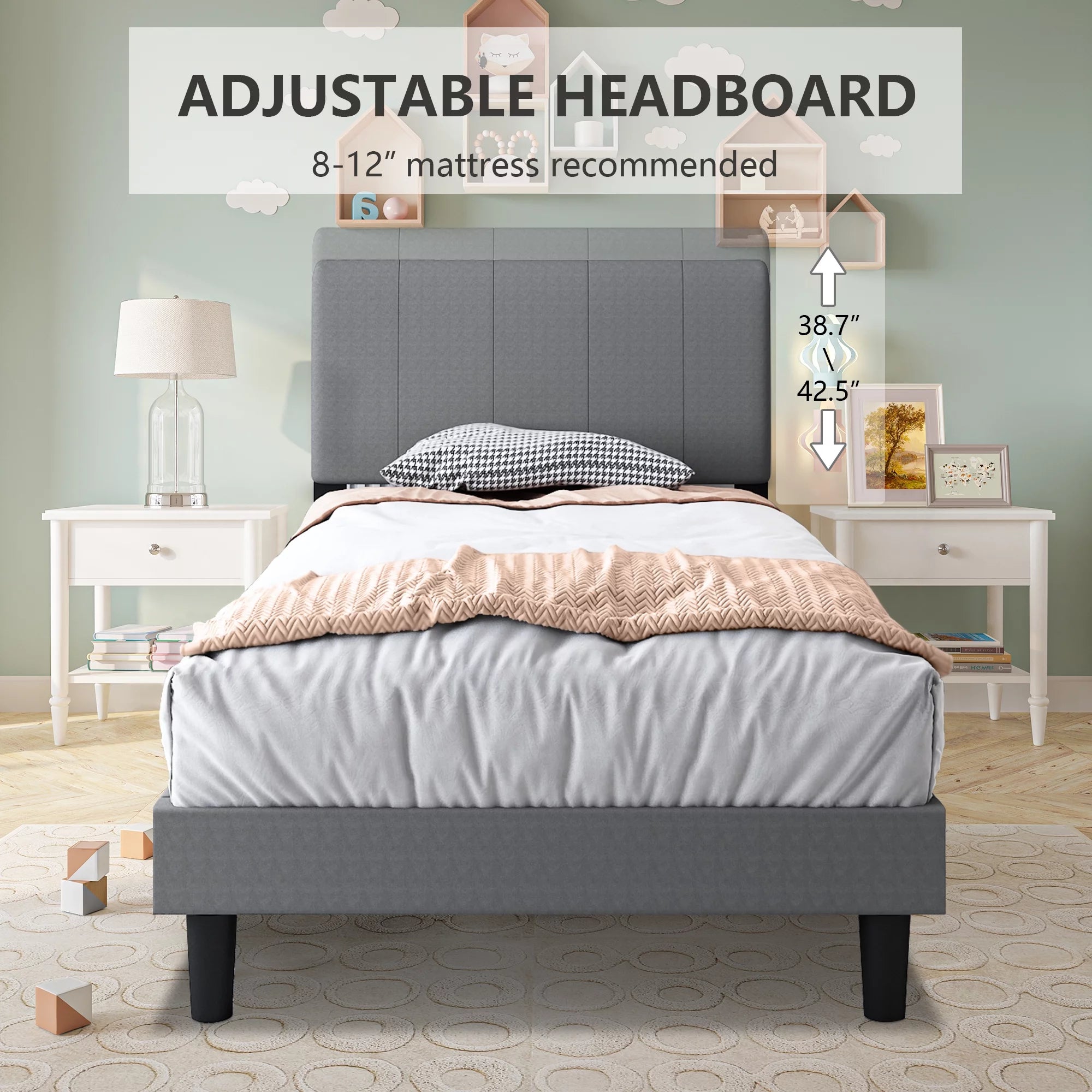SYNGAR Twin Bed Frame, Fabric Upholstered Platform Bed with Adjustable Headboard, Grey P101127
