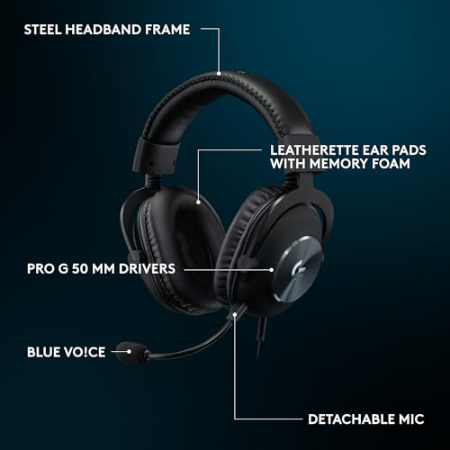 Logitech G Pro X Wired Gaming Headset with Detachable Mic, 50 mm Drivers, Black S8199