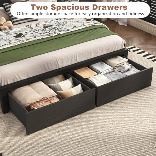 Farmhouse Full Bed Frame with Bookcase Headboard, Charging Station, Brown K11127